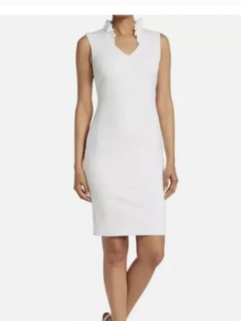 Calvin Klein Brand Women's Size 4 Scuba Sheath Ruffle Dress White High Neck Chic